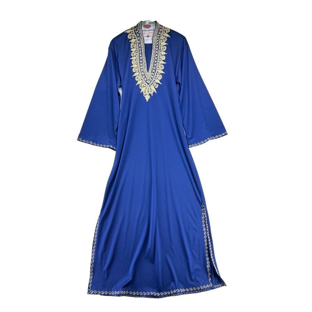 2 Piece Indian Outfit Sheer Robe & Dress Blue and Gold Floral Embroidery Tunic - Picture 2 of 14